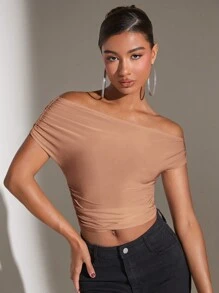 SHEIN BAE Áo croptop nữ màu trơn trễ vai xếp ly - Màu Khaki - Xem 9