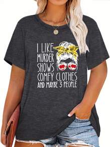 Plus Size Round Neck Slogan & Figure Printed Short Sleeve T-Shirt