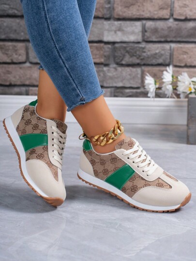 Sneaker donna stile retrò vintage britannico, colore beige e cachi, con stampa floreale ricamata, leggere, con suola morbida antiscivolo, adatte per uso casual, all'aperto e studenti, alla moda e versatili