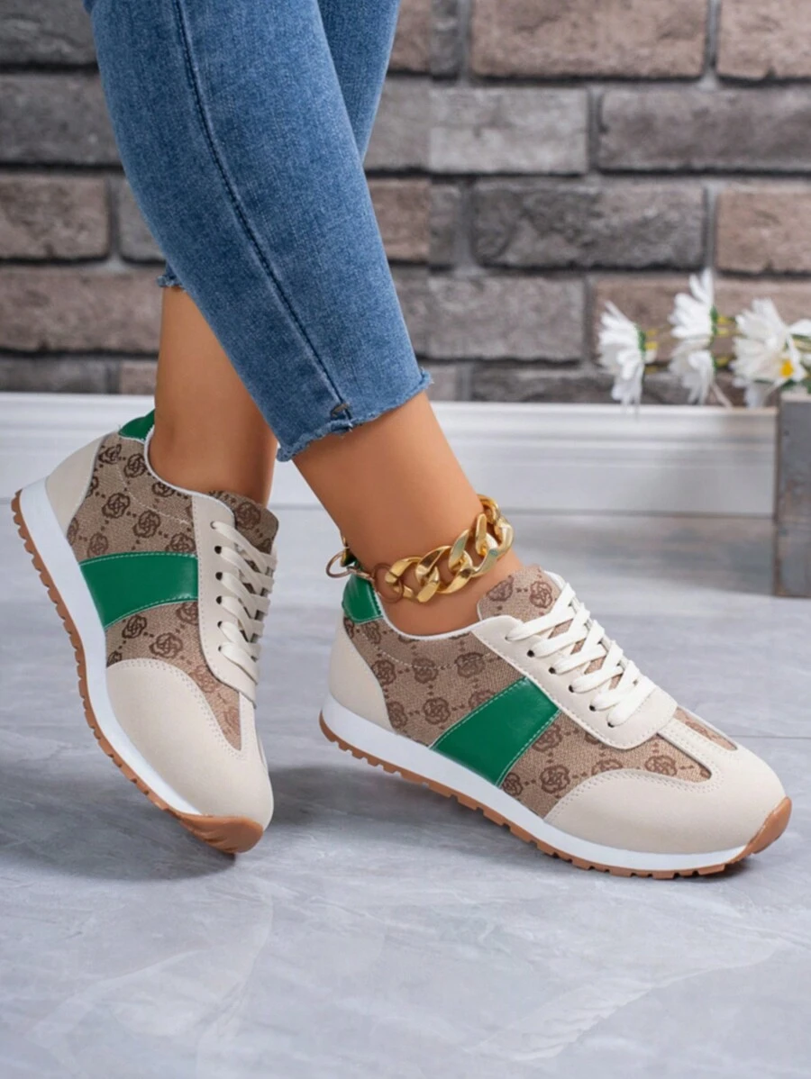 Women's New Beige & Khaki Color Embroidery Floral Print Retro Vintage British Style Agam Sneakers, Lightweight Soft Sole Non-Slip Casual Outdoor Student Running Shoes, Fashionable And Versatile,Trainers Women - Beige - View 1