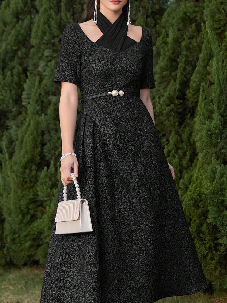 Women's Hollow Out Detail Short Sleeve Jacquard Dress Long Evening Dresses