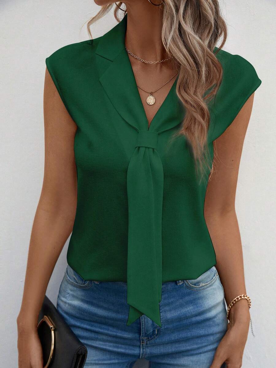 Solid Color Lapel Collar Sleeveless Shirt - Dark Green - View 1