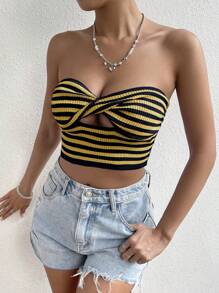 SHEIN Unity Women's Striped Knitted Twist Front Hollow Out Strapless Top - Multicolor - View 3