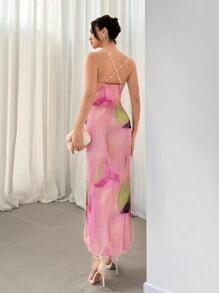 Aloruh Elegant Tie-Dye Printed Pleated Cross Back Long Sexy Bodycon Dress For Spring/Summer, Suitable For Vacation, Outing, Music Festival, Shopping, Dating