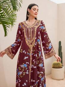 Al Najma 女士優雅花卉印花刺繡設計連衣裙 - 彩色 - 查看 3