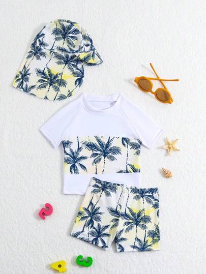 寶寶男孩椰樹印花短袖上衣和短褲泳裝套裝連帽子