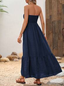 Breezaya Women's Solid Color Shirred Strapless Ruffle Hem Vacation Dress Maxi Vacation Beach Outfit