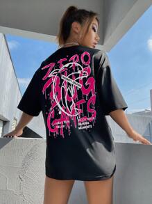 SHEIN Unity Dolphin & Slogan Graphic Drop Shoulder Tee ZERO BUG GAMES HAVE FUN RELAX ENJOY YOUR GAMING MOMENTS - Black - View 1