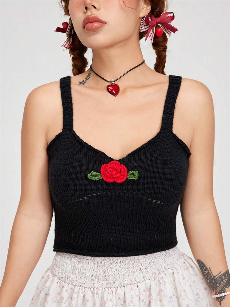 Women Summer Sweet Lovely Rose Decorated Knitted Tank Top