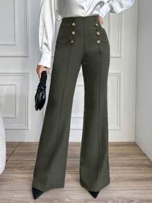 EURMUSE Women's Double-Breasted Button Decoration Pants - Dark Green - View 6