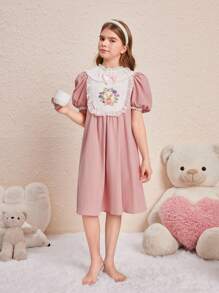 SHEIN Leap Crew Tween Girls' Lovely Princess Style Round Neck Sleep Dress With Bow Decoration And Bunny Embroidery For Summer - Baby Pink - View 5
