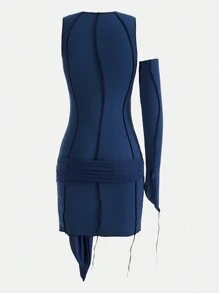 SHEIN X Danna Paola SIN7 Cut Out Knot Front Contrast Stitch Bodycon Dress - Dusty Blue - View 2