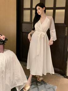 DAZY Lace & Rhinestone & Mesh Contrast Satin Nightgown Pajama - White - View 9