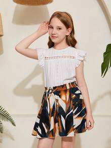 SHEIN Áo sơ mi tay bồng cổ tròn thêu khoét rỗng cho bé gái tuổi mới lớn - trắng - Xem 5