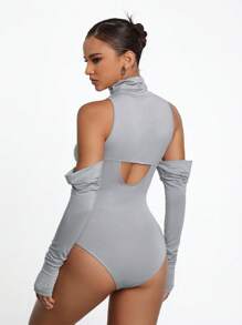 Brittney Do Designer Women Grey Turtleneck Cutout Bodysuit With Sleeves, For Holiday, Vacation, Spring & Summer, Beach, Festival, Ibiza Fits - Grey - View 2