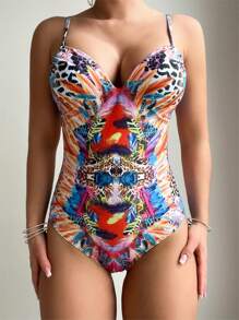 SHEIN Swim 女士豹纹拼接吊带连体泳衣，适合夏季、海滩、游泳、度假 - 彩色 - 查看 7