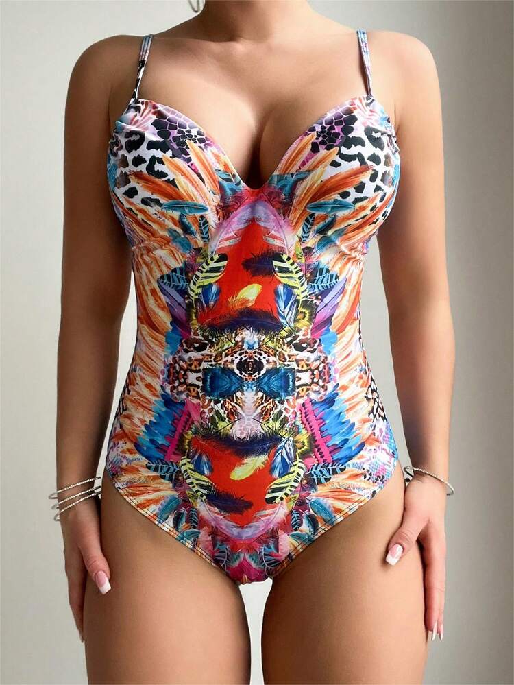 Ladies' Leopard Print Splice Cami One-Piece Swimsuit For Summer, Beach, Swimming, Vacation