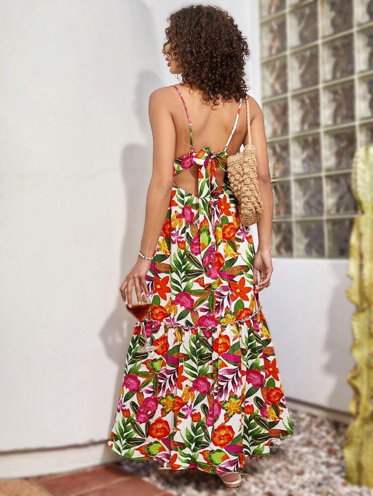 Women's Casual Summer Floral & Plant Print Strappy Backless Dress With Tie Backs