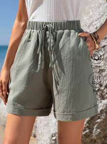 EMERY ROSE Pantalones cortos de verano verdes casuales de mujer de algodón con cintura elástica, dobladillo enrollado, bolsillo en ángulo