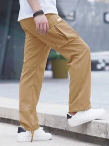 Manfinity Hypemode Quần Nam Dây kéo Đắp vá Túi màu trơn Đường phố - Màu Khaki - Xem 2