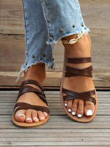Women's Comfortable Lightweight Open-Toe Flat Sandals In Solid Brown, With Style Straps For Casual And Simple Summer Fashion - Brown - View 2
