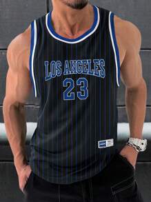 Manfinity Homme Men's Striped Graphic Sleeveless Basketball Jersey Athletic Top With Letter And Number Print, For Going Out, Friends - Black - View 1