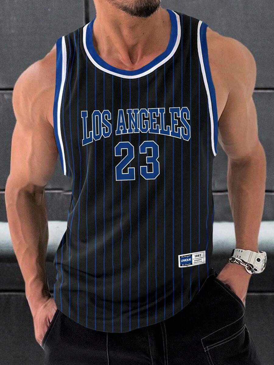 Manfinity Homme Men's Striped Graphic Sleeveless Basketball Jersey Athletic Top With Letter And Number Print, For Going Out, Friends - Black - View 1