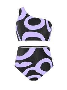 Swim Oasis 夏季海灘大碼印花單肩胸圍＆底褲＆連身裙比基尼套裝 - 淡紫色 - 查看 3