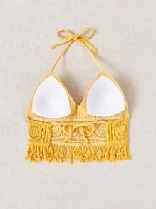 SHEIN Solid Fringed Hem Crop Halter Top Cover Up, For Summer, Beach, Vacation,Halter Tops - Yellow - View 2