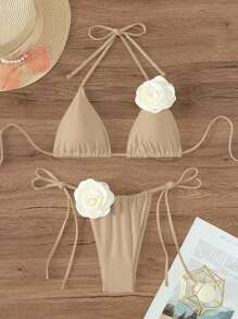 Swim Chiccia Set Bikini Halter Decorato Con Fiori 3D A Contrasto Di Colore, Per Nuoto E Spiaggia Estiva