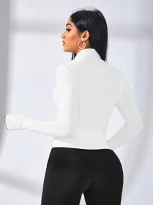 Easithlete Solid Color Zipper Front Stand Collar Thumb Hole Sports Jacket - White - View 2