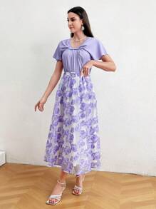 Modelyn 女式圆领褶裥蝙蝠袖上衣和花卉印花裙组合两件套 - 紫色 - 查看 6