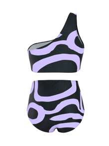 Swim Oasis 夏季海灘大碼印花單肩胸圍＆底褲＆連身裙比基尼套裝 - 淡紫色 - 查看 6