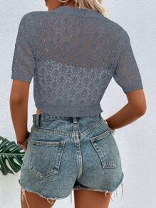 SHEIN LUNE Women's Simple Hollow Out Short Cardigan With Middle Sleeve, Summer - Grey - View 2