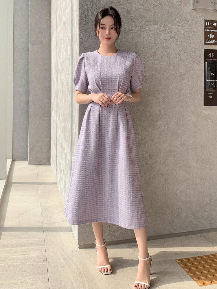 Plaid Texture Round Neck Bubble Sleeve Pleated Waist Midi Dress For Women