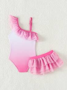 SHEIN Baby Girl Ruffle One-Piece Swimsuit With Matching Mesh Skirt - Pink - View 2