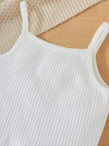 SHEIN 嬰兒女寶寶休閑純色短袖襯衫、褲子和吊帶三件套裝 - 藍色 - 查看 3