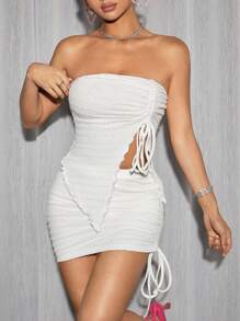 SHEIN PETITE Váy quây dây rút phía trước và váy ôm sát có dây rút bên hông - trắng - Xem 3