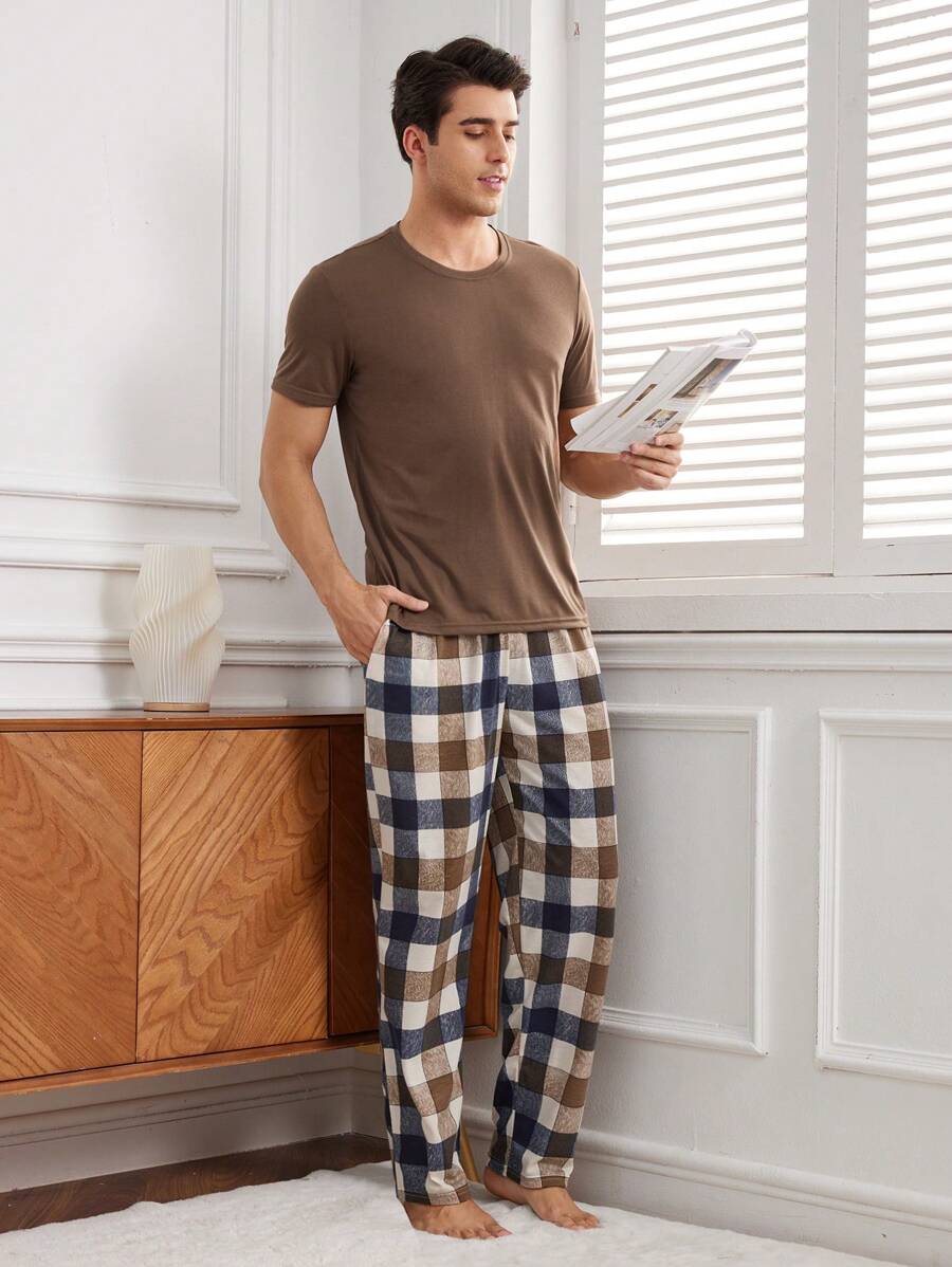 SHEIN Men's Solid Color Short-Sleeved Top & Plaid Pants Homewear Set - Coffee Brown - View 1