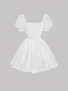 SHEIN MOD 女士泡泡短袖褶皺打結前裙 - 白色 - 查看 2