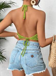SHEIN VCAY Solid Color Pleated Halter Hollow Knit Top