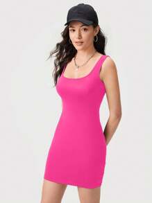 SHEIN BASICS Chất rắn Xe tăng Quần bó Giải trí Bữa tối Ngày đêm Đầm - Màu Hồng Tươi - Xem 4