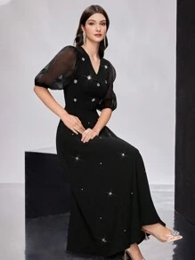 Modelyn Women's Bubble Sleeve Dress With Rhinestone ,Elegant Evening Party Dress Long Evening Dresses - Black - View 6
