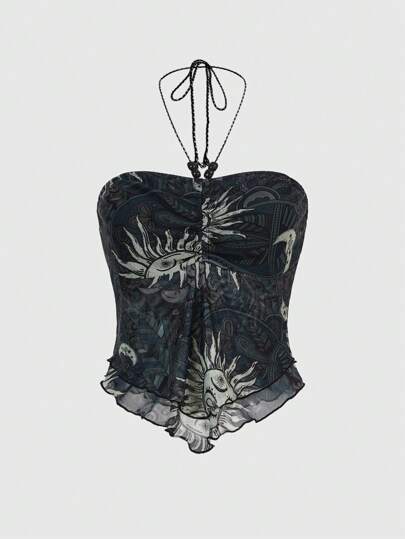 Hippie Canotta A Collo Alto Con Stampa Del Sole Per Donna, Con Orlo Arricciato