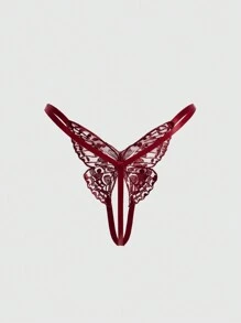 ROMWE Goth Water-Soluble Lace 3D Butterfly Open-Crotch Sexy G-String - Burgundy - View 2