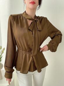 Dazy Designer Women's Waist Drawstring Design Shirt With A Sense Of Style,Ruffle,Fall Women Clothes Long Sleeve Top - Khaki - View 4