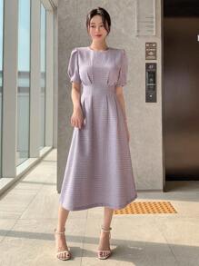 DAZY 格紋質地圓領泡泡袖褶皺腰中長裙女士裙子 - 紫丁香色 - 查看 5