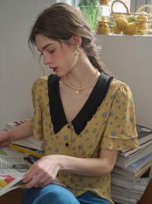 Simple Retro 小碎花印花拼布领前纽扣衬衫 - 綠色 - 查看 8