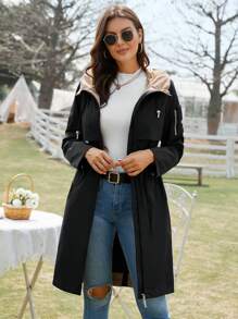 GASMAN Spring And Autumn Casual Letter Print Hooded Tie Pocket Jacket With Rolled-Up Sleeves