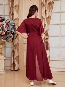 SHEIN Tween Girl 1 szt. Śliczny kombinezon z okrągłym dekoltem i kryształkami, z peleryną i rękawami - Burgund - Zobacz 7